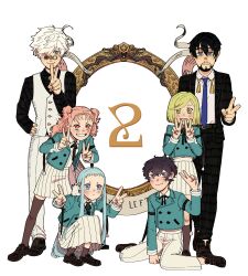  2boys absurdres agott_arklaum_(tongari_boushi_no_atelier) beard black_hair black_pants black_shirt black_shoes black_suit blue_eyes blue_hair blue_jacket blue_suit blush brushbuddy coco_(tongari_boushi_no_atelier) dress facial_hair formal_clothes full_body glasses green_eyes green_hair grin hand_on_own_hip highres jacket kneehighs long_sleeves multiple_boys multiple_girls necktie olruggio_(tongari_boushi_no_atelier) pants pink_eyes pink_hair purple_hair qifrey_(tongari_boushi_no_atelier) ribbon richeh_(tongari_boushi_no_atelier) shirt shoes short_dress short_hair simple_background sitting smile socks squatting standing suit tetia_(tongari_boushi_no_atelier) tongari_boushi_no_atelier v vandoesart vest violet_eyes white_background white_dress white_hair white_pants white_vest 