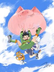  2boys 7enn :d black_hair blue_shorts blue_sky boots clouds cloudy_sky falling from_below gon_freecss green_boots green_jacket green_shorts grey_shoes happy hunter_x_hunter jacket killua_zoldyck multiple_boys pig shirt shoes short_hair shorts sky smile spiky_hair teeth upper_teeth_only white_hair white_shirt 