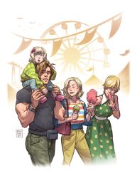  1boy 3girls bare_shoulders black_shirt blonde_hair blue_eyes bow bracelet carrying carrying_person commentary cotton_candy crocs denim dress eating emily_(resident_evil) english_commentary fanny_pack ferris_wheel floral_dress food grace_ashcroft green_dress green_pants green_sweater hair_bow highres holding holding_cotton_candy holding_food holding_ice_cream_cone ice_cream ice_cream_cone jeans jewelry leon_s._kennedy multiple_girls muscular muscular_male pants pink_shoes pixie_cut resident_evil resident_evil_requiem ron_chan sherry_birkin shirt shoes short_hair shoulder_carry striped_clothes striped_shirt sweater watch watch white_background yellow_eyes 