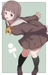  1girl alternate_hair_length_(shorter) bent_over black_socks bob_cut border brown_dress brown_hair brown_shoes character_logo commentary_request dress full_body green_background hasu_no_sora_school_uniform highres inverted_bob kachimachi_kosuzu kneehighs link!_like!_love_live! loafers long_sleeves love_live! medium_dress neckerchief official_alternate_hairstyle outside_border pleated_dress sailor_collar sailor_dress school_uniform shoes short_hair simple_background socks solo soyo1558686 standing violet_eyes virtual_youtuber white_border white_sailor_collar winter_uniform yellow_neckerchief 