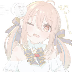  1girl ahoge blush bow bowtie flower_ornament indie_virtual_youtuber kano_mahoro long_hair meme motion_lines off_shoulder one_eye_closed open_mouth pink_eyes pink_hair puffy_sleeves shirt simple_background sketch solo sound_effects speed_lines strawberry_ornament twintails umirororo upper_body white_background white_bow white_shirt 