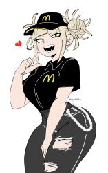  black_hat black_shirt blonde_hair boku_no_hero_academia breasts cosplay denim double_bun fangs grey_pants hair_bun half-closed_eyes hat heart highres huge_breasts jeans looking_at_viewer mcdonald's messy_hair myzmirko pants shirt spoken_heart thick_thighs thighs toga_himiko torn_clothes torn_jeans torn_pants v-shaped_eyebrows yellow_eyes 