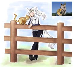  1girl absurdres ahoge animal_ears cat ear_ornament grey_hair grey_tail gym_uniform hair_between_eyes hair_ornament hairband highres horse_ears horse_girl horse_tail jacket long_hair long_sleeves marshal_kiske multicolored_hair multicolored_hairband oguri_cap_(umamusume) pants photo-referenced photo_inset smile solo tail track_jacket track_pants track_suit two-tone_hairband umamusume 