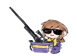  1girl :3 a_hat_in_time bad_id bad_twitter_id black-framed_eyewear brown_hair cape child closed_mouth cropped_torso facing_viewer gompang1125 gun hat hat_kid hat_ribbon holding holding_unworn_clothes holding_unworn_hat jacket long_sleeves medium_hair ponytail purple_hat purple_jacket ribbon rifle scope sidelocks sketch sniper_rifle solo sunglasses top_hat unworn_hat unworn_headwear weapon white_background yellow_cape yellow_ribbon zipper_pull_tab 