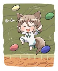  1girl :3 :d animal_ear_fluff animal_ears arms_up ball barefoot blush border brown_hair chibi chibi_only closed_eyes commentary_request fox_ears fox_girl fox_tail full_body green_background green_ribbon kudamaki_tsukasa neck_ribbon open_mouth ribbon rokugou_daisuke romper short_hair short_sleeves signature sleeve_ribbon smile solo tail touhou white_border white_romper 