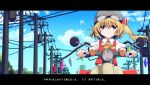  1girl ascot bangs black_border blonde_hair blue_sky border building closed_mouth clouds collared_shirt crystal driving flandre_scarlet ground_vehicle helmet highres looking_at_viewer motor_vehicle motorcycle one_side_up outdoors rankasei red_eyes red_vest shirt short_sleeves sky skyscraper solo touhou translation_request vest white_shirt wings yellow_ascot 