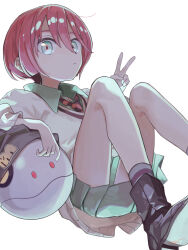  1girl absurdres amate_yuzuriha aqua_eyes aqua_skirt beret black_boots black_hat boots closed_mouth collared_shirt commentary_request green_eyes gundam gundam_gquuuuuux hair_between_eyes haro hat highres long_sleeves looking_at_viewer mecha miniskirt necktie pleated_skirt red_hair robot school_uniform shirt short_hair simple_background sitting skirt solo sweater tyaui_(xjju4435) v white_background 
