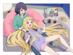  3girls barefoot bean_bag_chair black_hair blonde_hair bracelet cho_kaguya-hime! coaster commentary_request controller cup drinking_glass drinking_straw game_controller green_eyes green_shirt green_socks highres holding holding_controller holding_game_controller ice ice_cube jewelry kaguya_(cho_kaguya-hime!) long_hair medium_hair mole mole_under_eye multiple_girls open_mouth pants playing_games playing_video_games purple_shirt red_eyes runami_yachiyo sakayori_iroha shirt short_sleeves sitting_between_legs smile socks tablet_pc tsuyusummer very_long_hair yuri 