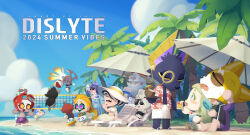  6+boys 6+girls archibald_(mictlantecutli)_(dislyte) beach beach_umbrella beard black_hair blonde_hair blue_hair boomboom braid chair character_request clouds cocktail_umbrella coconut coconut_cup commentary copyright_name discboom_(dislyte) dislyte drew_(anubis)_(dislyte) english_commentary eyepatch facial_hair feng_nuxi_(nuwa)_(dislyte) fruit_as_cup furry furry_male glasses goggles hand_fan hat hawaiian_shirt highres holding holding_fan innertube jasoo leora_(athena)_(dislyte) li_ling_(nezha)_(dislyte) lifeguard_chair mavis_(mictecacihuatl)_(dislyte) monocle multicolored_hair multiple_boys multiple_girls mustache open_mouth palm_tree ponytail pritzker_(mimir)_(dislyte) purple_hair raven_(odin)_(dislyte) red_hair sachiko_(hare_of_inaba)_(dislyte) sandals shirt smile summer sunglasses swim_goggles swim_ring swimsuit tang_xuan_(sun_wukong)_(dislyte) tree two-tone_hair umbrella volleyball volleyball_net white_hair ye_suhua_(shao_siming)_(dislyte) 
