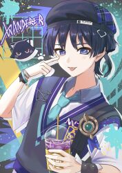  1boy :p absurdres akanbe animalization aqua_gem bead_bracelet beads beret black_hair black_hat blue_necktie blue_trim blunt_ends bracelet bright_pupils character_name choppy_bangs collared_shirt contemporary cup disposable_cup drinking_straw eyelid_pull eyeliner finger_to_eye gem genshin_impact grey_sweater_vest hand_up hat heart highres holding holding_cup jewelry light_blush looking_at_viewer makeup male_focus necktie nekotyahanyao official_alternate_costume outline person_and_animalization portrait purple_trim red_eyeliner safety_pin scaramouche_(cat)_(genshin_impact) scaramouche_(genshin_impact) school_uniform shirt short_sleeves solo sweater_vest tongue tongue_out tsurime undershirt violet_eyes vision_(genshin_impact) wanderer_(genshin_impact) wanderer_(mega_mgc_coffee)_(genshin_impact) white_outline white_pupils white_shirt white_sleeves white_trim wing_collar wrist_cuffs wristband 