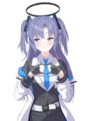  1girl :/ absurdres averting_eyes belt black_gloves black_jacket black_skirt blue_archive blue_necktie blush breasts collared_shirt commentary_request gloves hair_between_eyes hair_ornament halo heart heart_hands highres id_card jacket jacket_partially_removed long_hair looking_to_the_side mechanical_halo millennium_science_school_logo multicolored_eyes necktie pleated_skirt purple_hair shirt simple_background skirt triangle_hair_ornament two-tone_eyes two_side_up very_long_hair violet_eyes white_background white_belt white_jacket yuso_mrk315 yuuka_(blue_archive) 
