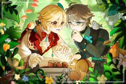  2boys acorn aged_down alhaitham_(genshin_impact) animal_on_shoulder antenna_hair aranara_(genshin_impact) ascot bird bird_on_shoulder black_vest blonde_hair blue_ascot blue_flower blurry blurry_foreground blush book bow bowtie brooch bush capelet child chinese_commentary closed_mouth collared_shirt commentary_request day english_text eyelashes feather_hair_ornament feathers flower forest frilled_sleeves frills gem genshin_impact green_eyes green_gem green_hair grey_hair grey_shirt hair_between_eyes hair_ornament hair_over_shoulder hand_on_own_chin hand_up highres jewelry kaveh_(genshin_impact) light_particles long_hair long_sleeves looking_down low_ponytail male_focus moss multicolored_hair multiple_boys mushroom nature open_book open_mouth orange_flower orangezhaoze outdoors parted_bangs pink_flower plant ponytail puffy_long_sleeves puffy_sleeves red_bow red_bowtie red_capelet red_eyes shirt short_hair sleeve_cuffs squirrel swept_bangs teeth tree vest vines watermark white_ascot white_shirt wing_collar yellow_flower 