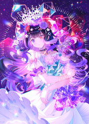  1girl absurdres bare_shoulders black_hair bouquet bow bracelet chinese_commentary collar colored_inner_hair commentary_request cowboy_shot crown dress floating_hair flower frilled_dress frilled_sleeves frills hair_flower hair_ornament heterochromia highres holding holding_flower jewelry long_dress long_hair looking_at_object multicolored_hair orange_eyes original parted_lips pink_bow purple_flower purple_hair solo star_(symbol) strapless viclim-monou violet_eyes white_dress 