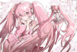  1girl absurdly_long_hair ahoge bare_shoulders between_legs blush boots breasts cherry_blossoms cherry_hair_ornament collarbone collared_shirt commentary detached_sleeves food-themed_hair_ornament full_body hair_between_eyes hair_ornament hand_between_legs hatsune_miku hayama_eishi headset highres long_hair long_sleeves looking_at_viewer necktie petals pink_eyes pink_hair pink_nails pink_necktie pink_skirt pink_trim sakura_miku shirt sitting skirt sleeveless sleeveless_shirt small_breasts smile solo standing thick_thighs thigh_boots thighs tie_clip twintails very_long_hair vocaloid wariza wide_sleeves 