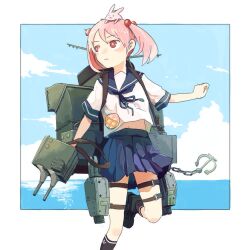  1girl anchor animal animal_ears animal_on_head black_socks blue_neckerchief blue_sailor_collar blue_skirt blue_sky chain closed_mouth clouds commentary_request day hair_bobbles hair_ornament kantai_collection kneehighs navel neckerchief ocean on_head outdoors pink_hair pleated_skirt rabbit rabbit_ears rabbit_on_head red_eyes rigging sailor_collar sazanami_(kancolle) school_uniform serafuku short_sleeves short_twintails skirt sky socks solo tadano_natsu thigh_strap twintails 