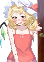  1girl bare_shoulders blonde_hair blunt_bangs blush blush_stickers collarbone commentary_request crying crystal_wings door fang flandre_scarlet hat hat_ribbon highres mob_cap monyuko_(8hjgw3xaan92729) open_mouth opening_door red_eyes red_shirt ribbon shirt shirt_ribbon short_hair side_ponytail solo spaghetti_strap teardrop tears touhou upper_body white_background wings 