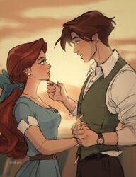  1boy 1girl anastasia_(1997) anya_(anastasia) belt blue_bow blue_dress bow brown_hair dimitri_(anastasia) dress earrings eye_contact green_vest hair_bow highres holding_hands instagram_username itslopezz jewelry looking_at_another pants pearl_earrings ponytail profile shirt short_hair spanish_commentary sunset vest watch watch white_shirt 