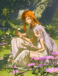  2girls absurdres bare_arms bracer breasts chinese_commentary choker closed_mouth commentary daisy_(flower) day dress flamme_(sousou_no_frieren) flower frieren from_side grass green_eyes grey_hair highres holding holding_flower long_dress long_hair long_pointy_ears looking_at_another medium_breasts multiple_girls narcisco nature on_ground orange_hair outdoors pointy_ears profile purple_flower short_sleeves sidelocks sitting sleeveless sleeveless_dress smile sousou_no_frieren swept_bangs teacher_and_student tree very_long_hair white_dress white_flower yellow_flower 