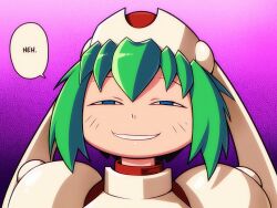  1girl android anya's_heh_face_(meme) armor artist_name blue_eyes commentary english_commentary english_text facial_mark gradient_background green_hair grin hair_between_eyes half-closed_eyes helmet joints linker looking_at_viewer marina_liteyears medium_hair meme open_mouth purple_background robot_girl robot_joints short_hair smile smirk smug solo speech_bubble squinting teeth upper_body whisker_markings yuke_yuke!!_trouble_makers 