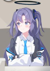  1girl absurdres averting_eyes black_gloves black_jacket blue_archive blue_necktie blush breasts closed_mouth collared_shirt commentary_request crossed_arms cup gloves hair_ornament halo highres indoors jacket jacket_partially_removed long_hair looking_to_the_side mechanical_halo multicolored_eyes necktie purple_hair shirt triangle_hair_ornament two-tone_eyes two_side_up very_long_hair violet_eyes white_jacket white_shirt yuso_mrk315 yuuka_(blue_archive) 