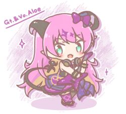  1girl :d asymmetrical_legwear blush_stickers brown_hair brown_thighhighs chibi colored_shadow commentary_request demon_girl demon_horns demon_tail dress drop_shadow electric_guitar fangs green_eyes guitar headphones headphones_around_neck highres holding holding_instrument hololive horns instrument long_hair mano_aloe microphone mismatched_legwear mitarashi_neko multicolored_hair pink_hair pointy_ears prehensile_tail purple_dress purple_thighhighs shadow smile solo standing tail thigh-highs two-tone_hair very_long_hair virtual_youtuber wrist_cuffs 