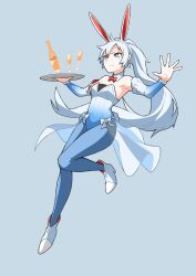  1girl animal_ears ankle_boots bare_shoulders blue_eyes blue_leotard blue_pantyhose boots bottle bow bowtie breasts commentary cup detached_collar detached_sleeves drinking_glass earrings fake_animal_ears highres holding holding_tray jewelry leotard long_hair looking_ahead medium_breasts mori_kuro_pp pantyhose playboy_bunny ponytail rabbit_ears red_bow red_bowtie rwby scar scar_across_eye scar_on_face showgirl_skirt solo tray very_long_hair weiss_schnee white_boots white_hair wine_bottle 