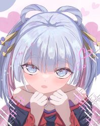  1girl absurdres blue_eyes blush chibi_yachiyo cho_kaguya-hime! colored_inner_hair commentary hair_rings heart highres japanese_clothes kimono looking_at_viewer medium_hair multicolored_hair nekokirin off_shoulder open_mouth pink_hair runami_yachiyo short_twintails simple_background solo sparkle twintails upper_body white_background white_hair 