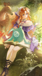  1girl absurdres bare_shoulders blue_eyes body_markings book braid braided_sidelocks bug butterfly chun_ling closed_mouth commentary cropped deer fingerless_gloves gloves hand_up highres jacket long_hair looking_to_the_side open_book orange_hair outdoors pointy_ears purple_jacket sidelocks sigrika_(wuthering_waves) sitting sitting_on_log smile soliskin_(wuthering_waves) solo textless_version turning_head veil white_gloves white_veil wuthering_waves yellow_butterfly 