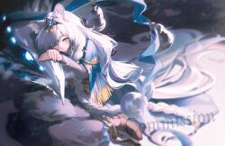  1girl absurdres animal_ear_fluff animal_ears ankle_boots arknights bell blue_cloak boots braid brown_boots cloak closed_mouth commentary_request commission creature crown english_commentary full_body grey_eyes hair_over_shoulder highres hyin long_hair looking_at_viewer mini_crown mixed-language_commentary pramanix_(arknights) pramanix_the_prerita_(arknights) snow_leopard_ears snow_leopard_girl solo very_long_hair watermark white_hair 