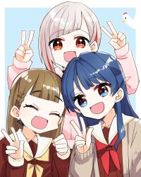  3girls :d ^_^ black_bow bloom_garden_party_jacket blue_eyes blue_hair blush bow braid brown_cardigan brown_dress brown_hair cardigan center-flap_bangs closed_eyes commentary_request dollchestra double_v dress grey_hair hair_bow half_updo hasu_no_sora_school_uniform highres jacket kanduki_kamibukuro link!_like!_love_live! long_hair long_sleeves looking_at_viewer love_live! multicolored_hair multiple_girls neckerchief open_cardigan open_clothes open_mouth peking_duck_(love_live!) pink_jacket red_hair red_neckerchief red_streaks sailor_collar sailor_dress school_uniform short_hair side_braids smile streaked_hair stuffed_chicken v virtual_youtuber w white_sailor_collar winter_uniform yellow_neckerchief 