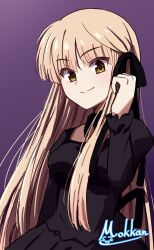  1girl absurdres black_dress blunt_bangs breasts brown_hair clenched_hand closed_mouth commentary_request cowboy_shot dress eyes_visible_through_hair hair_between_eyes hand_up highres large_breasts long_hair long_sleeves looking_at_viewer mok_kan official_alternate_costume purple_background rewrite senri_akane signature simple_background smile solo split_mouth straight_hair very_long_hair yellow_eyes 