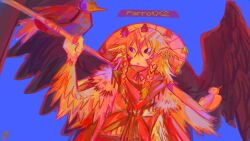  1boy animal ascii_txt bird bird_boy blue_background braid commentary feathered_wings feathers head_wings highres holding holding_stick lifesteal_smp long_hair looking_at_animal low-braided_long_hair low-tied_long_hair minecraft minecraft_youtube parrotx2 personification stick twin_braids unstable_universe untranslatable_commentary wings 