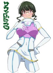  1girl anosillus_ii black_hair bodysuit braid breasts closed_mouth commentary_request freedom_xdrive glasses gridman_universe gridman_universe_(movie) highres large_breasts long_hair long_sleeves looking_at_viewer multicolored_bodysuit red_eyes simple_background smile solo white_background white_bodysuit 