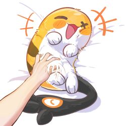  1other :3 :d ^_^ blush_stickers closed_eyes commentary creature creature_focus english_commentary full_body grem_(gigi_murin) highres hololive hololive_english lying on_back on_bed orange_fur pov pov_hands smile tail two-tone_fur virtual_youtuber white_fur yeatfirst 