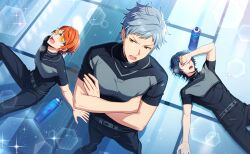  3boys asch_albright belt billy_wise black_hair bottle crossed_arms fingernails gray_reverse grey_hair helios_rising_heroes highres jewelry lower_teeth_only lying male_focus multiple_boys official_art on_back on_floor open_mouth orange_eyes orange_hair shirt short_sleeves teeth upper_teeth_only water_bottle 