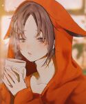  1boy bangs blowing blue_eyes blush collarbone cup fingernails highres holding holding_cup hood hood_up hoodie looking_down male_focus mysta_rias nijisanji nijisanji_en orange_hoodie parted_bangs portrait ririco_(scorpion1315_) sharp_fingernails solo steam virtual_youtuber white_nails 