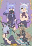  3girls :d absurdres animal_ear_fluff animal_ears arknights armband bangs bare_arms bare_shoulders black_bow black_dress black_footwear black_gloves black_jacket black_legwear blue_skirt blush boots bow brown_eyes brown_hair closed_eyes dress eyebrows_behind_hair gloves green_background grey_hair hair_between_eyes hair_bow highres hood hood_down iris_(arknights) jacket long_hair long_sleeves multiple_girls open_clothes open_jacket provence_(arknights) puffy_short_sleeves puffy_sleeves purple_background purple_hair respirator sajimaririri scavenger_(arknights) shirt short_sleeves skirt sleeves_past_wrists smile tail thigh-highs thigh_boots v-shaped_eyebrows very_long_hair white_shirt yellow_eyes 