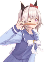  1girl amazumi animal_ears black_hairband blush bow bowtie breasts collarbone commentary_request curren_chan_(umamusume) ear_bow ear_covers grey_hair hair_between_eyes hairband highres holding holding_pen horse_ears horse_girl long_sleeves looking_at_viewer one_eye_closed parted_lips pen pleated_skirt purple_sailor_collar purple_serafuku purple_shirt purple_skirt red_bow sailor_collar sailor_shirt school_uniform serafuku shirt short_hair simple_background skirt solo tracen_school_uniform umamusume violet_eyes white_background white_bow white_bowtie 