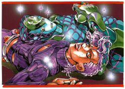  1boy 1other aqua_skin araki_hirohiko argyle_skin cleavage_cutout closed_eyes clothing_cutout colored_skin epitaph_(jojo) eyelashes freckles gloves green_gloves highres jojo_no_kimyou_na_bouken king_crimson_(stand) letterboxed lips long_sleeves lying male_focus monster official_art on_back orange_eyes pants purple_hair purple_sweater scan second-party_source solo stand_(jojo) sweater tongue tongue_out traditional_media turtleneck vento_aureo vinegar_doppio wavy_mouth white_pants 