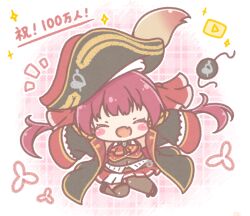  1girl :d ^_^ bicorne black_boots black_hat black_jacket blue_ribbon blush_stickers boots brown_leotard brown_thighhighs chibi closed_eyes commentary_request covered_navel eyepatch facing_viewer fang fold-over_boots gold_creator_award hair_ribbon hat highres hololive houshou_marine houshou_marine_(1st_costume) jacket leotard leotard_under_clothes long_sleeves mitarashi_neko notice_lines open_clothes open_jacket pleated_skirt red_hair red_jacket red_skirt ribbon skirt sleeveless sleeveless_jacket sleeves_past_fingers sleeves_past_wrists smile solo thigh-highs thighhighs_under_boots translation_request twintails unworn_eyepatch virtual_youtuber youtube_creator_award 