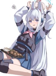  1girl animal animal_ears animal_on_head black_boots blue_archive blue_serafuku blue_skirt boots bow braid bulletproof_vest commentary_request crown_braid earpiece fake_animal_ears hair_bow halo headset highres knee_pads long_hair miyako_(blue_archive) neckerchief on_head pink_neckerchief pyonko_(blue_archive) rabbit rabbit_ears rabbit_on_head sailor_collar school_uniform serafuku skirt solo tactical_school_uniform takashima_shoa undershirt violet_eyes white_hair white_sailor_collar 