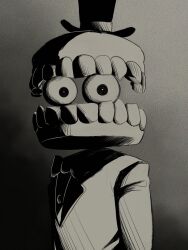  1boy bow bowtie caine_(the_amazing_digital_circus) commentary english_commentary eyeball greyscale hat hatching_(texture) highres linear_hatching looking_at_viewer male_focus monochrome nico_(boomstick_0) suit teeth the_amazing_digital_circus top_hat wide-eyed 