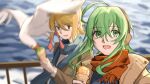  2girls ahoge bird blonde_hair blue_eyes blue_scarf blurry blurry_background brown_coat coat commentary depth_of_field earmuffs food food_theft green_eyes green_hair gumi hairband handrail holding holding_food ice_cream kagamine_rin medium_hair multiple_girls ocean open_mouth red_scarf scarf seagull selfie smile standing surprised upper_body v-shaped_eyebrows vocaloid white_bird wounds404 