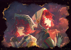  2girls back-to-back black_border blue_eyes border cape clouds commentary dual_persona english_commentary from_side gauntlets green_cape hands_up hat helmet highres interlocked_fingers marsha_(reverse:1999) mole mole_under_eye multiple_girls own_hands_together piruze profile red_hair red_sky reverse:1999 short_hair sky twitter_username upper_body white_hat 