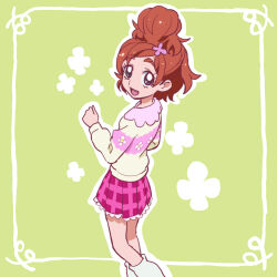  1girl :d arms_at_sides border brown_hair casual clenched_hand clover_hair_ornament commentary contrast_collar feet_out_of_frame floral_background floral_print flower frilled_skirt frills from_above go!_princess_precure green_background green_eyes hair_bun hair_flower hair_ornament hand_up haruno_haruka leg_warmers legs_together long_sleeves looking_at_viewer looking_back multicolored_sweater open_mouth outline pink_flower pink_sweater plaid_clothes plaid_skirt precure print_sweater raised_eyebrows short_hair shuuho_(journey) single_hair_bun single_horizontal_stripe skirt smile solo standing sweater thick_eyebrows two-tone_sweater white_leg_warmers white_outline white_sweater 