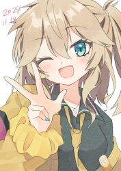  1girl :d black_shirt blue_eyes blue_nails blush brown_hair collared_shirt commentary_request dated double-parted_bangs fang film_grain hair_between_eyes highres jacket jewelry kasukabe_tsumugi long_hair long_sleeves loose_necktie mani_(manidrawings) mole mole_under_eye nail_polish necklace necktie one_eye_closed one_side_up shirt sidelocks simple_background single_off_shoulder smile solo upper_body voicevox w white_background yellow_jacket yellow_necktie 