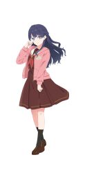  1girl arm_at_side black_socks bloom_garden_party_jacket blue_hair brown_dress brown_shoes closed_mouth crossed_legs dress full_body half_updo hand_up hasu_no_sora_school_uniform highres hood hood_down hooded_jacket jacket link!_like!_love_live! loafers long_hair long_sleeves love_live! love_live!_hasu_no_sora_jogakuin_school_idol_club_bloom_garden_party medium_dress mole mole_on_neck murano_sayaka neckerchief official_art open_clothes open_jacket pink_jacket pleated_dress red_neckerchief sailor_collar sailor_dress school_uniform shoes simple_background smile socks solo standing transparent_background virtual_youtuber watson_cross white_sailor_collar winter_uniform 