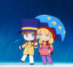  2girls a_hat_in_time bad_id bad_twitter_id belt blonde_hair blue_background blue_eyes blue_umbrella brown_hair buttons cape child closed_mouth coat_pouch deformed dot_nose drawstring dress eyes_visible_through_hair facial_hair frown gompang1125 green_shoes hair_ornament hands_on_own_hips hat hat_kid hat_ribbon holding holding_umbrella hood hood_down hood_up hooded_cape hooded_coat long_hair long_sleeves looking_at_another medallion multiple_girls mustache mustache_girl pants ponytail purple_belt purple_hat purple_pants purple_shoes rain raincoat red_cape red_dress ribbon shoes sidelocks smile standing standing_on_one_leg star_(symbol) top_hat umbrella white_pants yellow_eyes yellow_raincoat yellow_ribbon 