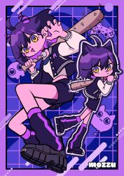  1girl absurdres ahoge animal_ears bandaid bandaid_on_face bandaid_on_nose baseball_bat bell blue_background cat_ears chibi controller demon_girl demon_horns game_controller highres horns indie_virtual_youtuber jacket jingle_bell leg_warmers looking_at_viewer mozzu123 multicolored_hair nail_(hardware) nail_bat open_mouth purple_hair purple_streaks rainhoe shirt short_hair shorts streaked_hair virtual_youtuber white_shirt yellow_eyes 