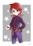  1boy border closed_mouth commentary_request cowlick grey_background grey_eyes hachi_(hachi_sin) hand_in_pocket highres holding holding_poke_ball jacket long_hair long_sleeves male_focus pants poke_ball pokemon pokemon_(game) pokemon_hgss purple_jacket purple_pants redhead signature silver_(pokemon) smile solo star_(symbol) white_border 